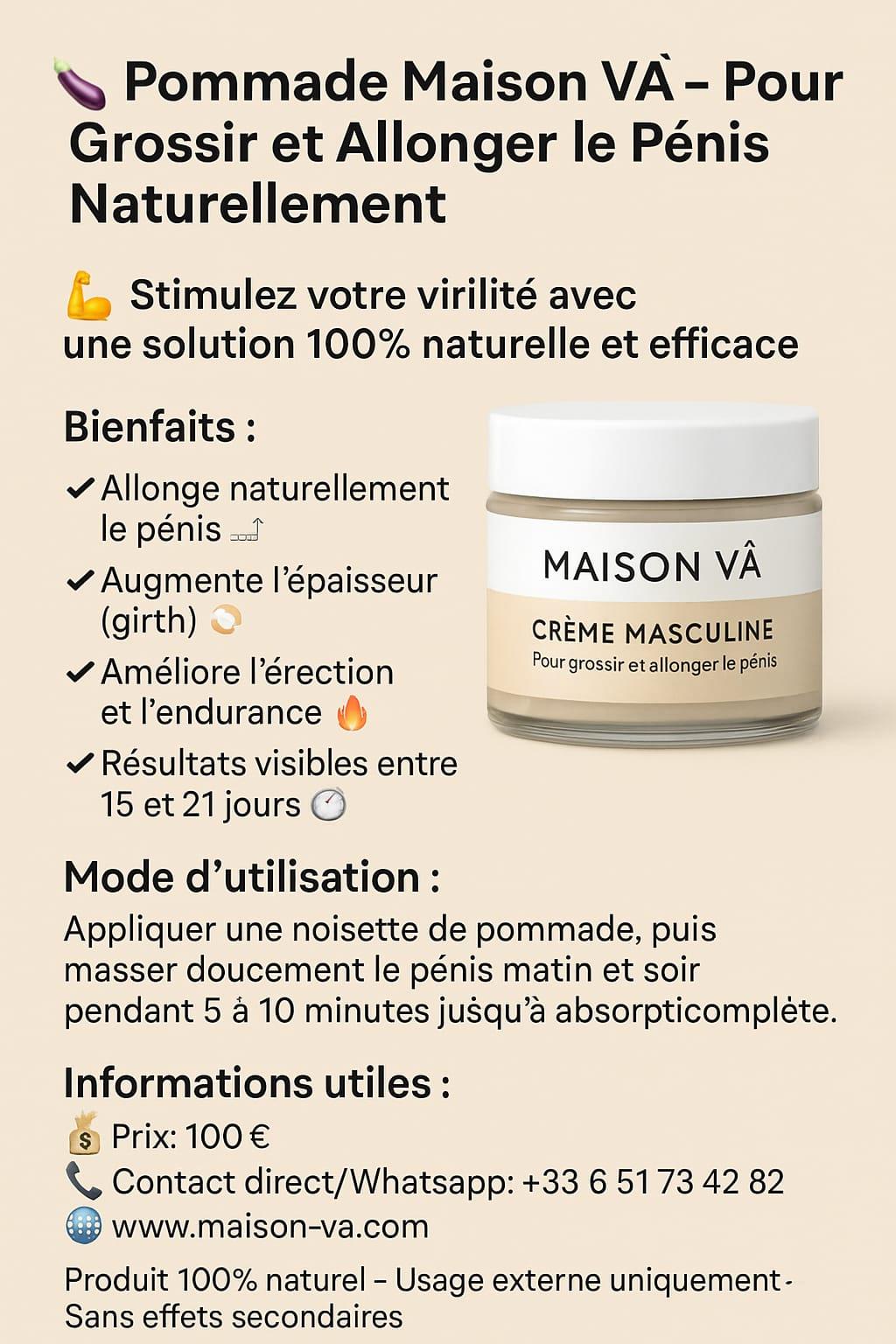 🍆 Pommade Maison VÂ – Pour Grossir et Allonger le Pénis Naturellement